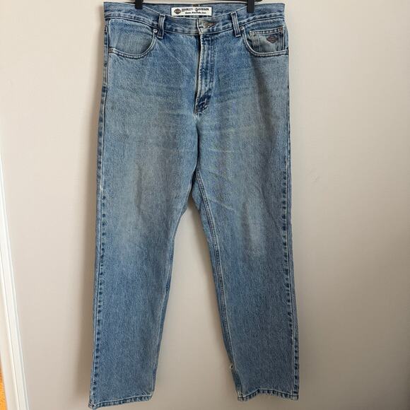 Harley Davidson Men Straight Leg Light Wash Denim Jeans 34 x 32 Distressed Biker - Picture 1 of 12